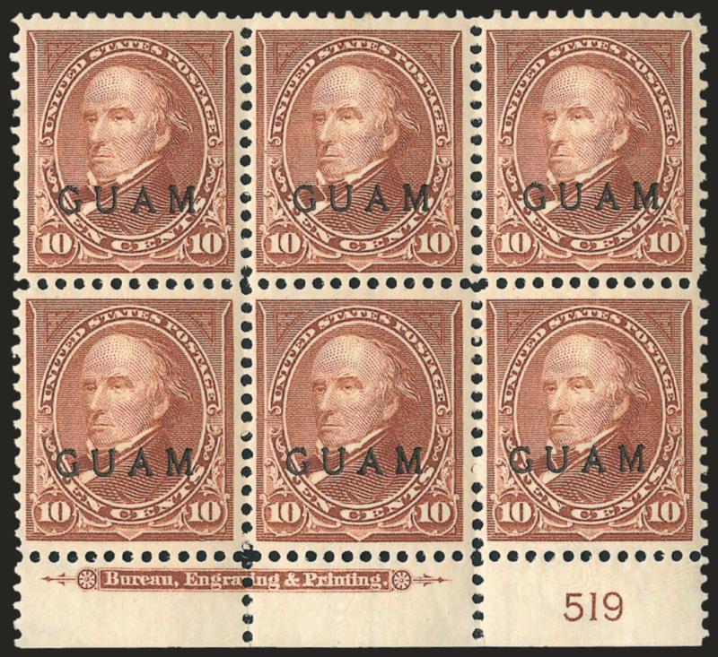 1899, 10c Brown, Ty. I (8).> Bottom imprint and plate no. 519 block of six, tropical original gum, incredibly well-centered, tiny tear at bottom of pos. 4, otherwise Extremely Fine