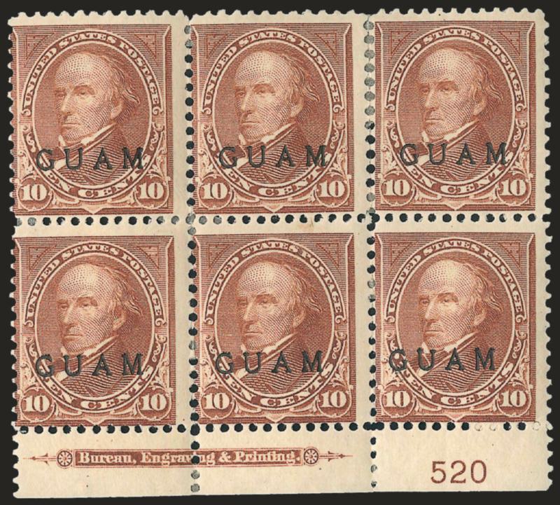 1899, 10c Brown, Ty. I (8).> Bottom imprint and plate no. 520 block of six, original gum, hinge reinforcement, Very Good