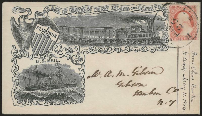 3c Dull Red, Ty. II (11A).> Ample to large margins, bright color, tied by perfect strike of Havanna N.Y. May 25 circular datestamp on arnabas Bates illustrated propaganda> cover with elaborate design for <Cheap
Inland and Ocean Postage,> wonderfu