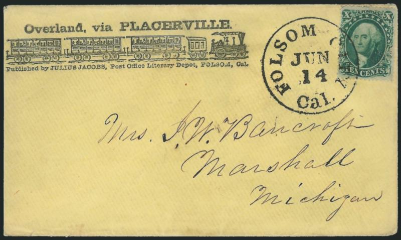 10c Green, Ty. III (33).> Deep shade, tiny perf flaws, tied by bold Folsom City Cal. Jun. 14 circular datestamp on yellow cover to Marshall Mich. with <Overland, via Placerville Chorpenning Route illustrated
railroad propaganda design,> depicting