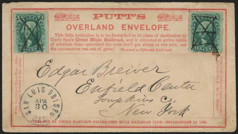 10c Green, Ty. V (35).> Two, deep shade, manuscript cancels (one tied), San Luis Obispo Cal. Apr. 30 circular datestamp on light buff cover to Enfield Center N.Y. with <red Putts Overland Envelope satirical
railroad propaganda design,> two small