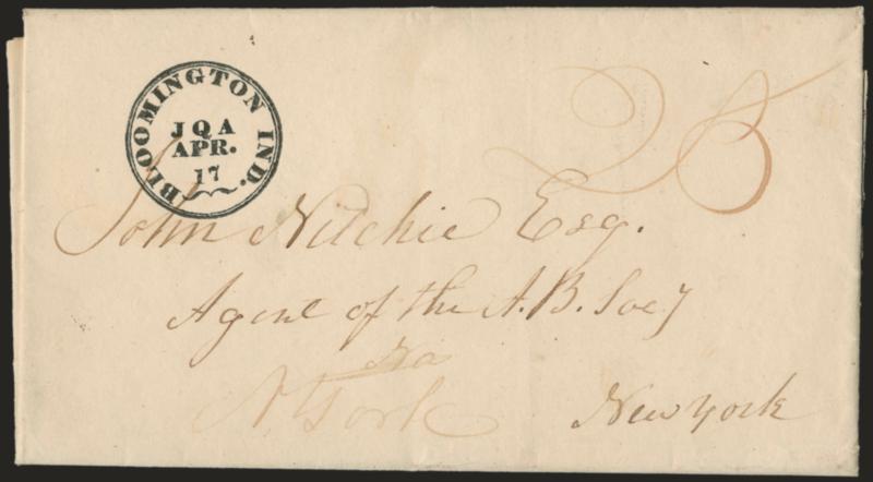 Bloomington Ind. JQA Apr. 17.> Absolutely perfect strike of double-line circular datestamp with <John Quincy Adams initials for political propaganda purposes> on Apr. 15, 1828 folded letter to New York City,
manuscript 25 rate, immaculate conditio