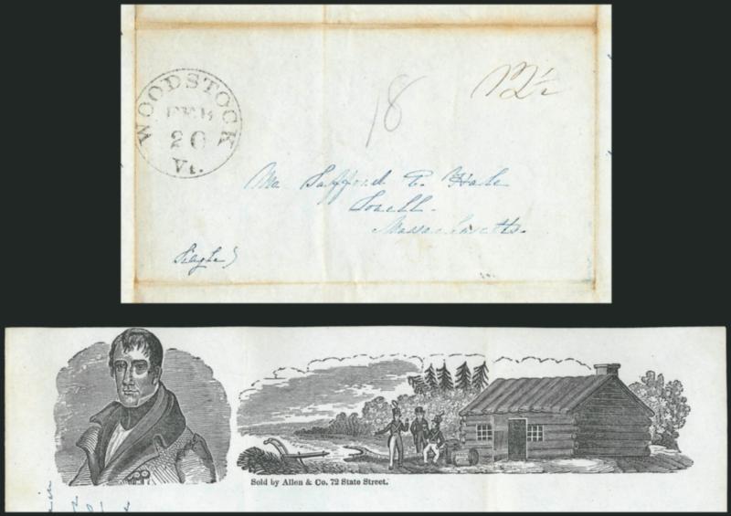 Woodstock Vt. Feb. 20.> Clear strike of circular datestamp, manuscript 12-12 rate on 1841 blue folded lettersheet with <William Henry Harrison three-quarter portrait and Log Cabin campaign design,> Milgram
WH-13, Allen & Co. imprint, Very Fine, th