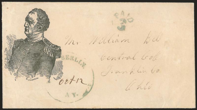 Berlin N.Y. Oct. 12.> Greenish-blue circular datestamp with date in manuscript, matching Paid 3 handstamp on cover to Central College O., <General Winfield Scott portrait facing left in military uniform,> Fraser
imprint, Milgram WS-2, fresh and Ver