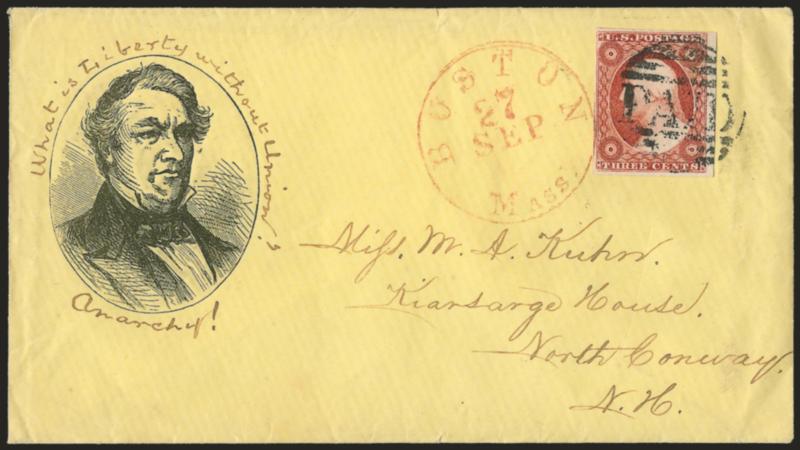 3c Dull Red, Ty. II (11A).> Huge margins all around, radiant color, tied by Paid grid and red Boston Mass. Sep. 27 circular datestamp on yellow cover to North Conway N.H., with <Millard Fillmore three-quarter
portrait in oval with ms What is Lib