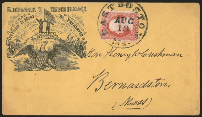 3c Dull Red, Ty. I (11).> Large margins to barely touched, tied by well-struck East Boston Ms. Aug. 19 circular datestamp on cover to Bernardston Mass. with uchanan & Breckinridge, The Union It Must Be Preserved
campaign design> depicting the