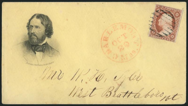 3c Dull Red, Ty. II (11A).> Large margins to barely in, tied by grid, red Charlemont Mass. Oct. 20 circular datestamp on yellow cover to West Brattleboro Vt., with <Fremont three-quarter portrait,> Putnam Bros.
imprint, Milgram JF-4, fresh and Very