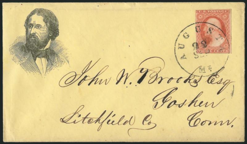 3c Dull Red, Ty. I (11).> Brilliant color, large margins to just in, tied by Augusta Me. Sep. 22 circular datestamp on yellow cover to Goshen Conn., with <Fremont three-quarter portrait,> Milgram JF-6,
1856-dated enclosure, Extremely Fine, a superb