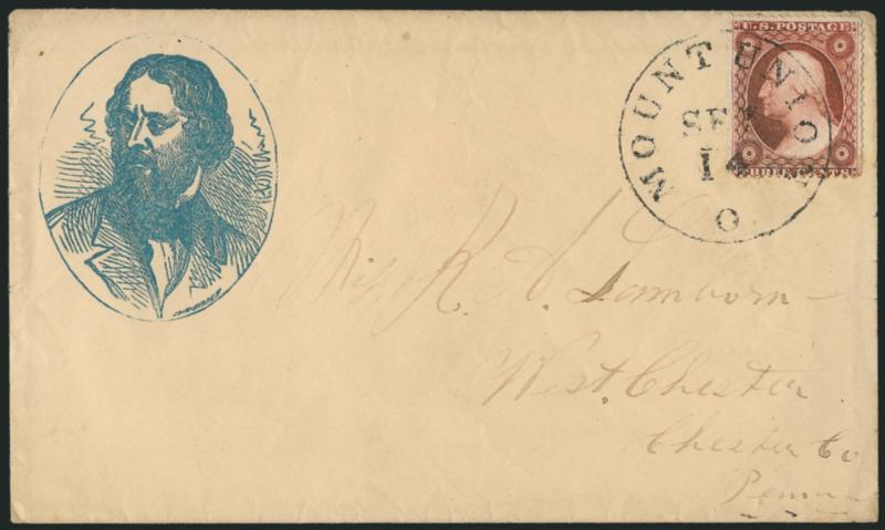 3c Dull Red, Ty. III (26).> Rich color, tied by Mount Union O. Sep. 14 circular datestamp on cover to West Chester Pa. with <blue Fremont three-quarter portrait in oval,> John Andrew imprint, Milgram JF-36, Very
Fine