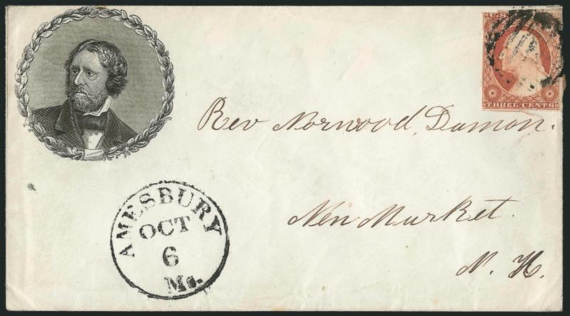 3c Dull Red, Ty. II (11A).> Large margins to just in, slightly creased, tied by grid, Amesbury Ms. Oct. 6 circular datestamp on cover to New Market N.H. with <Fremont three-quarter portrait in frame of leaves,>
Milgram JF-45, Very Fine, scarce desi