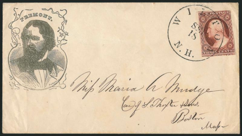 3c Dull Red, Ty. I (11).> Rich color, large margins to in incl. part of adjoining stamps at top and bottom, tied by Wilton N.H. Sep. 18 circular datestamp on cover to Boston with <Fremont three-quarter portrait
in ornate frame with name above head,