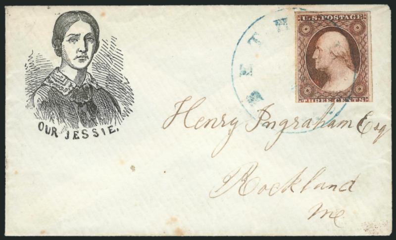 3c Dull Red, Ty. I (11).> Large margins to in at bottom, tied by large blue Bethel Me. Oct. 10 circular datestamp on cover to Rockland Me. with <Our Jessie Fremont portrait,> Milgram JF-50, few small toned
spots, Very Fine, Jessie Benton Fremont