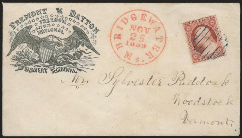 3c Dull Red, Ty. III (26).> Rich color, tied by <blue> grid with bold <red> Bridgewater Ms. Nov. 25, 1859 circular datestamp on cover to Woodstock Vt. with <Fremont & Dayton, Freedom, National, Slavery Sectional
campaign design with eagle, shield