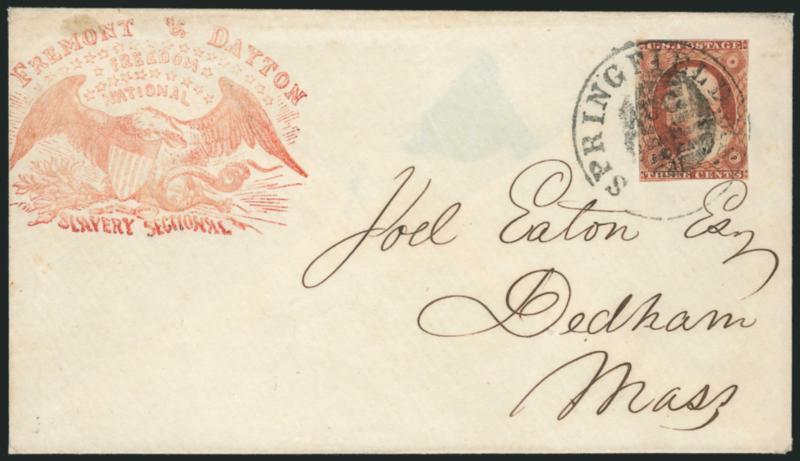 3c Dull Red, Ty. I (11).> Margins to in, rich color, tied by grid and Springfield Ms. Aug. 3 circular datestamp on cover to Dedham Mass. with <red Fremont & Dayton, Freedom, National, Slavery Sectional campaign
design with eagle, shield and serpe