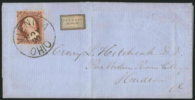 3c Dull Red, Ty. II (11A).> Large margins to just in, tied by well-struck Vienna Ohio Nov. 20 circular datestamp on blue 1855 folded letter to President of Western Reserve College in Hudson O., with <Fremont
Hurrah! label,> faint vertical file fo