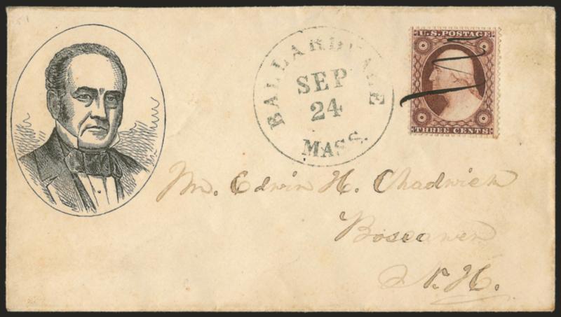 3c Dull Red, Ty. III (26).> Tied by manuscript, blue Ballard Vale Mass. Sep. 24 circular datestamp on cover to Boscawen N.H. with <John Bell three-quarter portrait in oval,> Milgram JBL-12, Very Fine, very
scarce design