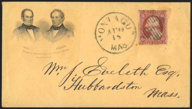 3c Dull Red, Ty. III (26).> Cancelled by square grid, Montague Mass. Aug. 18 circular datestamp on orange-yellow cover to Hubbardston Mass. with ell and Everett dual three-quarter portraits,> Carpenter & Allen
imprint, Milgram JBL-16, few perfs t