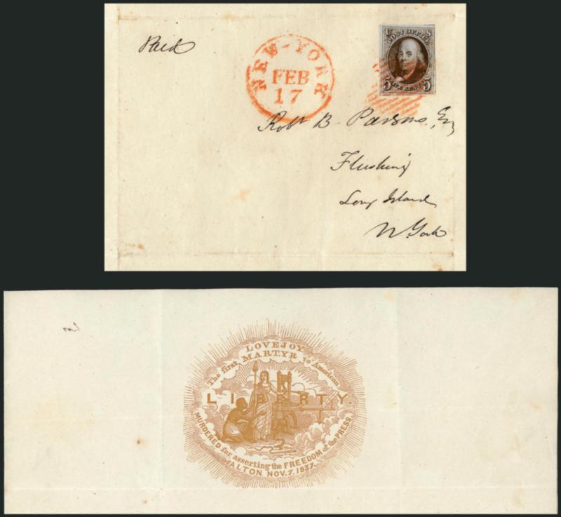 5c Red Brown (1).> Large margins to clear at upper right, beautiful dark shade, tied by red square grid, matching New-York Feb. 17 circular datestamp on folded lettersheet <with beautiful letterhead in ocher with
illustration of slave and Liberty s