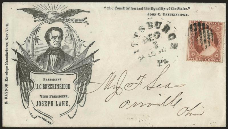 3c Dull Red, Ty. III (26).> Straddle-pane margin at left, tied by grid, Pittsburgh Pa. Dec. 1 circular datestamp on cover to Orrville O. with reckinridge three-quarter portrait surrounded by flags and shield,>
Breckinridge quote at upper right, R