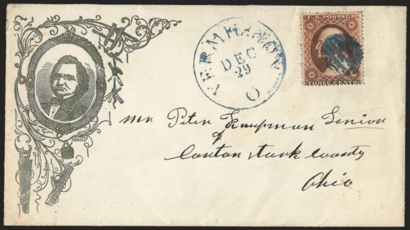 3c Dull Red, Ty. III (26).> Cancelled by blue grid, matching Vermillion O. Dec. 29 circular datestamp on cover to Canton O. with <crude Douglas portrait in frame,> Tibbits imprint, Milgram SD-40, stamp slightly
oxidized, Very Fine, a pretty cover a