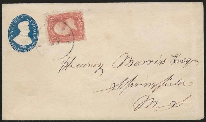 3c Rose (65).> Tied by indistinct strike of circular datestamp on cover to Springfield Ms. with <blue embossed cameo with beardless portrait and Abraham Lincoln 1860 campaign design,> Knox & Lang Worchester
imprint, Milgram AL-6 (illustrated on p