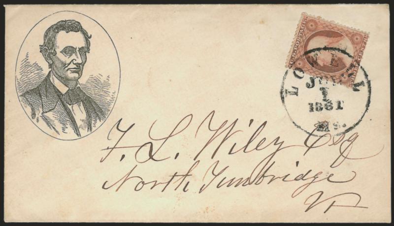 3c Dull Red, Ty. III (26).> Rich color, tied by Lowell Ms. Jul. 1, 1861 circular datestamp on cover to North Tunbridge Vt. with <beardless Lincoln three-quarter portrait in oval,> Milgram AL-9, barely reduced at
right, Very Fine, a beautiful cover