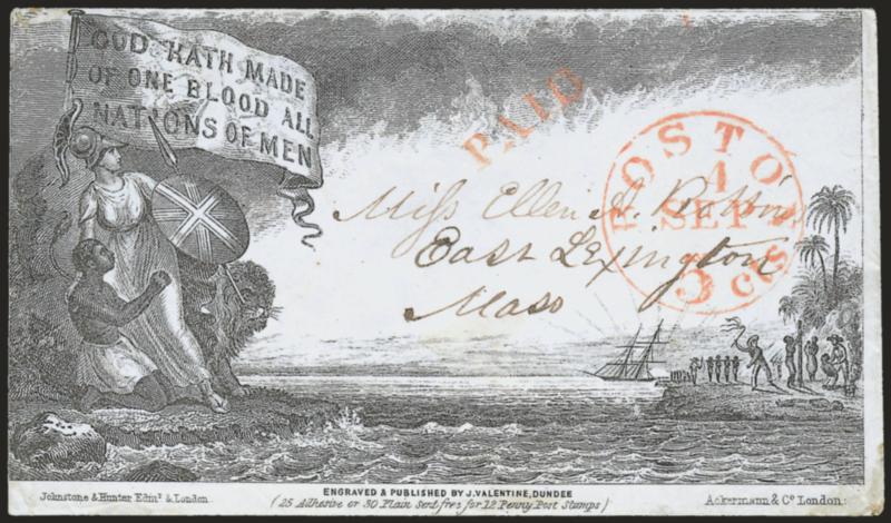Boston 5cts. Sep. 4.> Well-struck red integral-rate circular datestamp with matching Paid handstamp on grayish cover to East Lexington Mass., with <God Hath Made of One Blood All Nations of Men Anti-Slavery
illustrated propaganda design> depictin