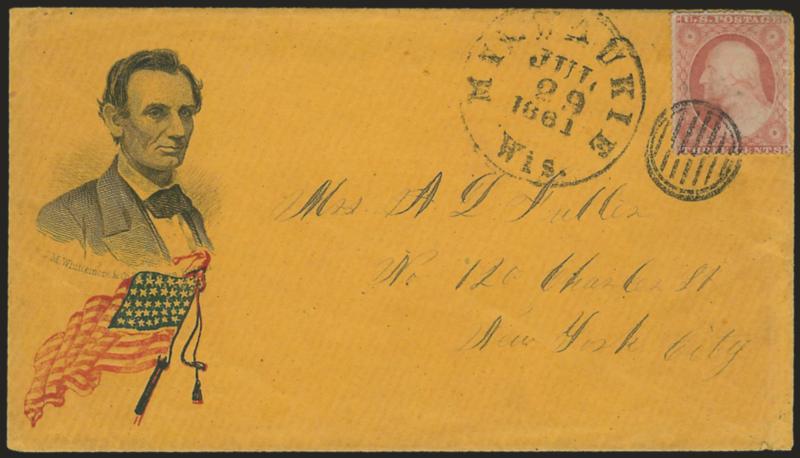 3c Dull Red, Ty. III (26).> Tied by small grid in circle, Milwaukee Wis. Jul. 29, 1861 circular datestamp on orange-buff cover to New York City with <beardless Lincoln three-quarter portrait facing right and red
and blue waving flag surprint,> Whit