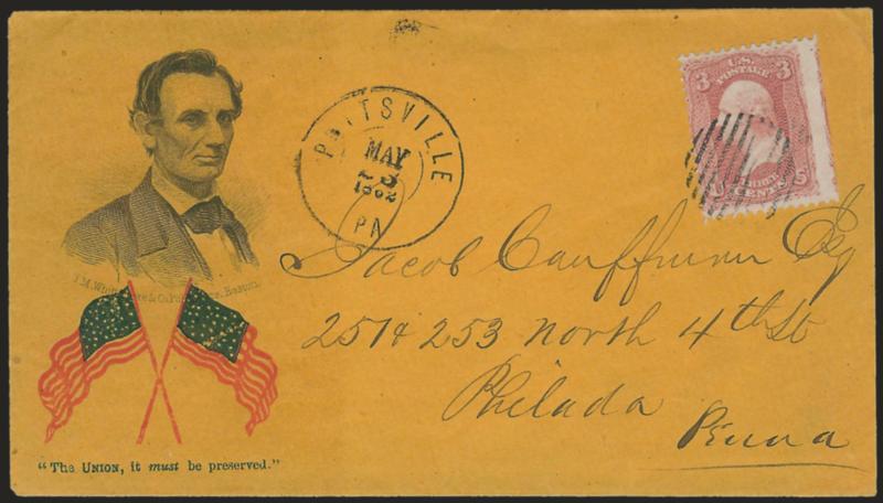3c Rose (65).> Centered to left, tied by well-struck open grid, Pottsville Pa. May 23, 1862 double-circle datestamp on orange-buff cover to Philadelphia with <beardless Lincoln three-quarter portrait facing
right and red and blue crossed waving fla