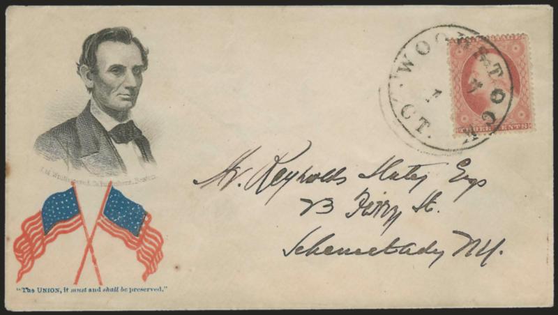 3c Dull Red, Ty. III (26).> Tied by Woodstock Ct. Nov. 1 circular datestamp on cover to Schenectady N.Y., with <beardless Lincoln three-quarter portrait facing right and red and blue crossed waving flags
surprint,> Whittemore imprint, Milgram AL-18