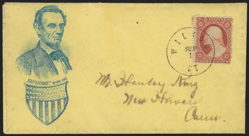 3c Dull Red, Ty. III (26).> Tied by Wilton Ct. Sep. 1 circular datestamp on yellow cover to New Haven Conn. with blue <beardless Lincoln and shield design with Secession non est. slogan,> Milgram AL-21, fresh
and Very Fine, scarce design