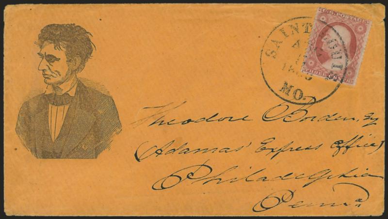 3c Dull Red, Ty. III (26).> Tied by Saint Louis Mo. Aug. 5, 1860 circular datestamp on orange cover to Adams Express office in Philadelphia with <beardless Lincoln facing left in pose from waist up,> Brown
imprint, Milgram AL-32 (illustrated on p.