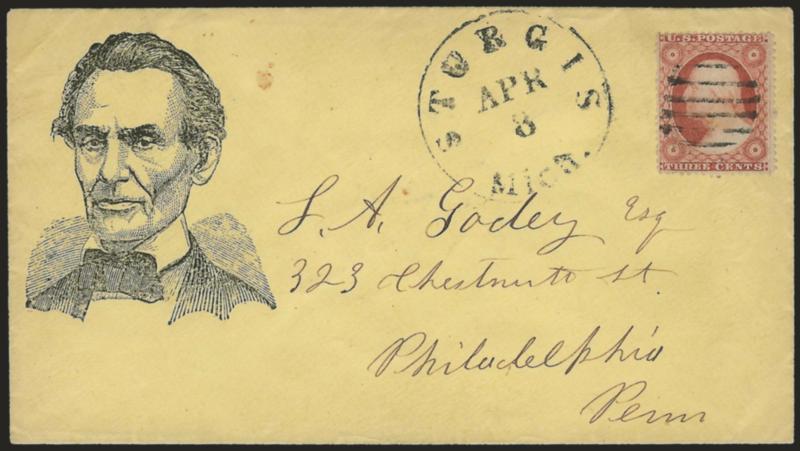 3c Dull Red, Ty. III (26).> Cancelled by grid, Sturgis Mich. Apr. 8 circular datestamp on yellow cover to Philadelphia, with <beardless Lincoln portrait,> Milgram AL-37 (variety without imprint), trivial soiling
specks, Very Fine, this woodcut was