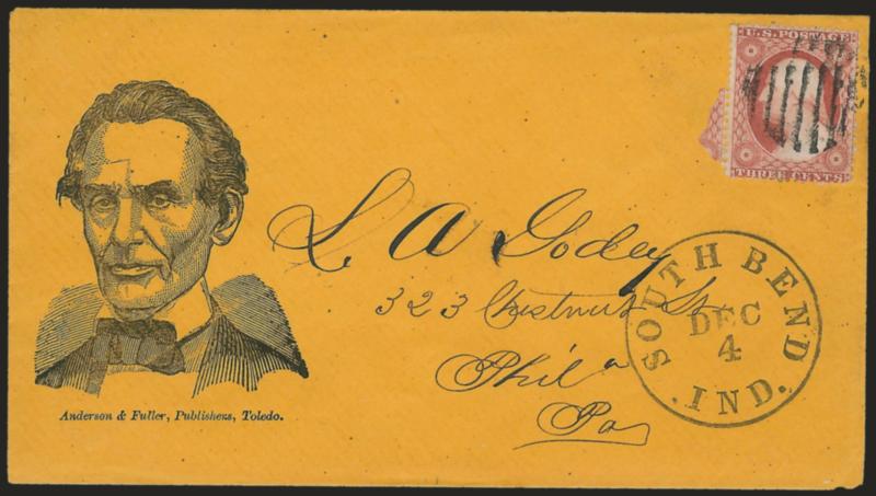 3c Dull Red, Ty. III (26).> Tied by grid, South Bend Ind. Dec. 4 circular datestamp on buff cover to Philadelphia with <beardless Lincoln portrait,> Anderson & Fuller imprint, Milgram AL-38, fresh and Extremely
Fine, a beautiful cover, this woodcut