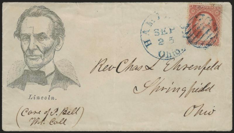 3c Dull Red, Ty. III (26).> Tied by blue grid and matching Hamilton O. Sep. 25 circular datestamp on cover to Springfield O. with <beardless Lincoln portrait and Lincoln caption,> Milgram AL-39, stamp has flaws,
tiny cover tear at top, otherwise