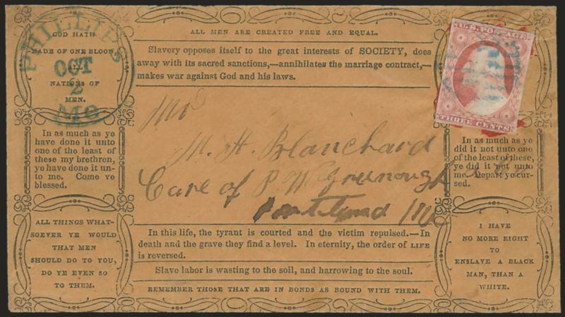 3c Dull Red, Ty. II (11A).> Large margins, affixed with red wax and tied by greenish-blue grid, matching Phillips Me. Oct. 2 circular datestamp on brown cover to Portland Me. with <Anti-Slavery slogans> incl. All
men are created free and equal, T