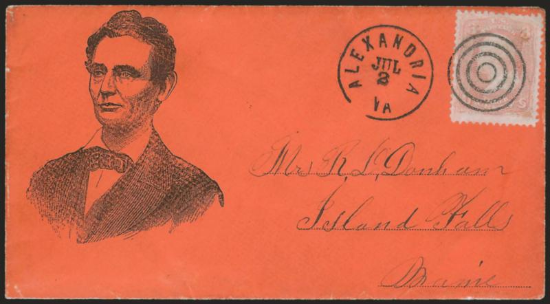 3c Rose (65).> Tied by target, Alexandria Va. Jul. 2 circular datestamp on <vivid orange> cover to Island Falls Me. with <beardless Lincoln three-quarter portrait facing left,> R. B. Nichol imprint beneath stamp
advertising song and ballad sheets,