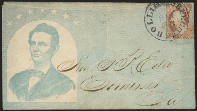 3c Dull Red, Ty. III (26).> Stamp defective, tied by Hollidaysburgh Pa. Sep. 26 circular datestamp on cover to Somerset Pa. with green <beardless Lincoln and seven stars lithographed overall design with For
President, Abraham Lincoln, Vice Preside