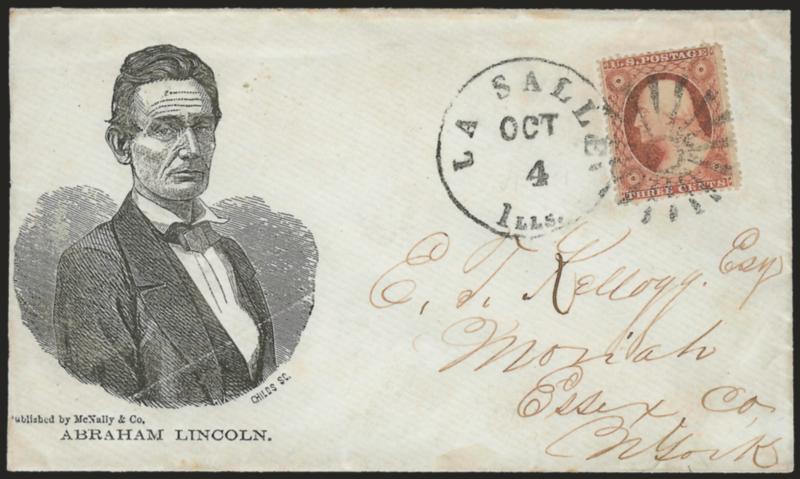 3c Dull Red, Ty. III (26).> Tied by <Starburst fancy cancel> and La Salle Ills. Oct. 4 circular datestamp on cover to Moriah N.Y. with <beardless Lincoln full torso portrait,> McNally and Childs imprints,
Milgram AL-51, barely reduced at left, Very