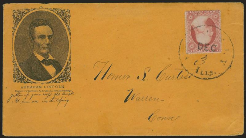 3c Dull Red, Ty. III (26).> Bright color, tied by neat strike of (?) Ills. Dec. 3 circular datestamp with day in manuscript on buff cover to Warren Conn. with <beardless Lincoln three-quarter portrait in ornate
frame,> Mendel of Chicago imprint, Mi