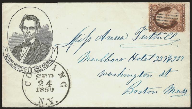 3c Dull Red, Ty. III (26).> Rich color (slightly oxidized), cancelled by grid, Corning N.Y. Sep. 24, 1860 circular datestamp on cover to Boston with <beardless Lincoln portrait in oval and Slavery Sectional,
Freedom National, Union & Liberty, Onwa