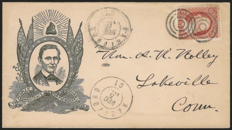 3c Dull Red, Ty. III (26).> Tied by targets, Hartford Ct. Dec. 5, 186? double-circle datestamp on cover to Lakeville Conn. with <beardless Lincoln portrait in frame surrounded by flags, Liberty cap and The
Peoples Candidate for President, Abraham