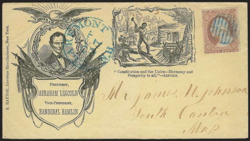 3c Dull Red, Ty. III (26).> Tied by blue grid, matching Claremont N.H. Oct. 27 circular datestamp on yellow cover to South Canton Mass. with <beardless Lincoln portrait, railsplitter scene and verse,> Raynor
imprint at left, Milgram AL-91, Very Fin