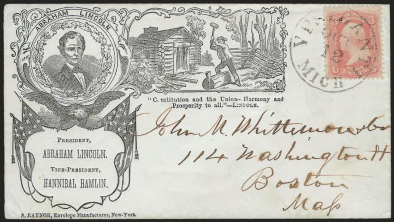 3c Rose (65).> Bright shade, tied by Ypsilanti Mich. Oct. 12 circular datestamp on cover to Boston with <beardless Lincoln portrait, railsplitter scene and verse,> Raynor imprint at bottom, Milgram AL-92, fresh
and Very Fine, addressed to John M. W