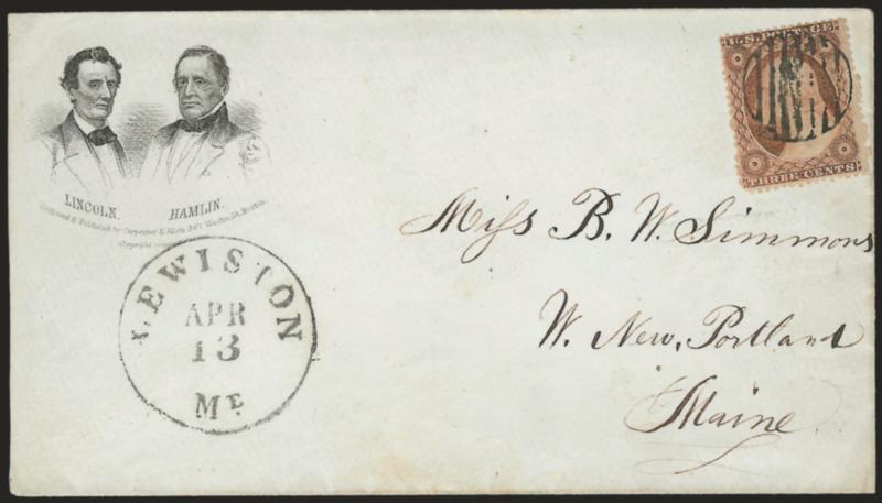 3c Dull Red, Ty. III (26).> Rich color (slightly oxidized), cancelled by grid, neat strike of Lewiston Me. Apr. 13 circular datestamp on cover to W. New Portland Me., with <Lincoln and Hamlin dual three-quarter
portraits,> Carpenter & Allen imprint