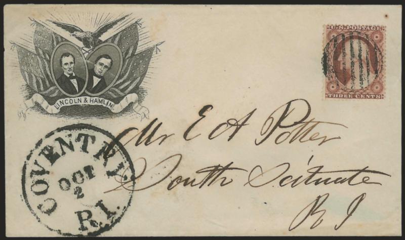 3c Dull Red, Ty. III (26).> Tied by grid, bold strike of Coventry R.I. Oct. 2 circular datestamp on cover to South Scituate R.I. with <Lincoln & Hamlin dual portraits in ovals surrounded by eagle and flags,>
Milgram AL-106, Very Fine example of t