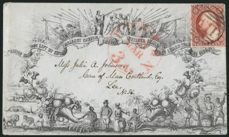 3c Dull Red, Ty. II (11A).> Large margins to just in, tiny flaws, tied by large Paid grid, red Boston 3cts. Mar. 13 integral-rate circular datestamp on grayish cover to Lee N.H. with <Nation shall not lift up
sword against nation. Neither shall