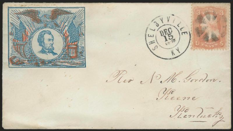 3c Rose (65).> Cancelled by circle of wedges, Shelbyville Ky. Dec. 15, 1865 double-circle datestamp on cover to Keene Ky., bearing printed label with <red and blue bearded Lincoln portrait with eagle and flags,>
Milgram AL-112, Very Fine posthumous