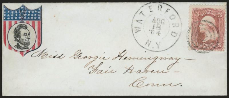 3c Rose (65).> Tied by target, Waterford N.Y. Aug. 18, 1864 double-circle datestamp on small cover to Fair Haven Conn., bearing printed label with <bearded Lincoln portrait in red and blue flag shield,> Milgram
AL-114, fresh and Very Fine, a pretty
