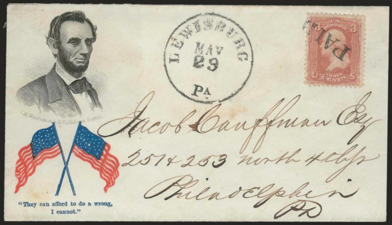 3c Rose (65).> Bright color, tied by Paid cancel, Lewisburg Pa. May 29 circular datestamp on cover to Philadelphia with <bearded Lincoln three-quarter portrait facing right and red and blue crossed waving flags
with They can afford to do a wrong